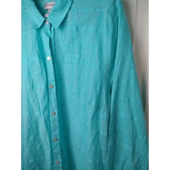 Catherine's Woman 1XWP Blouse Aqua Window Pane Long Sleeve Collared Button - Picture 5 of 11